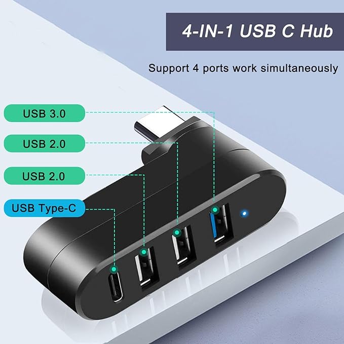 VIENON 4-Port USB C Hub [90°/180° Degree Rotatable], USB C Adapter Splitter with PD-in 5W Port, USB Extender for MacBook, iMac, Surface, and More C Port Laptop(Not for Car)