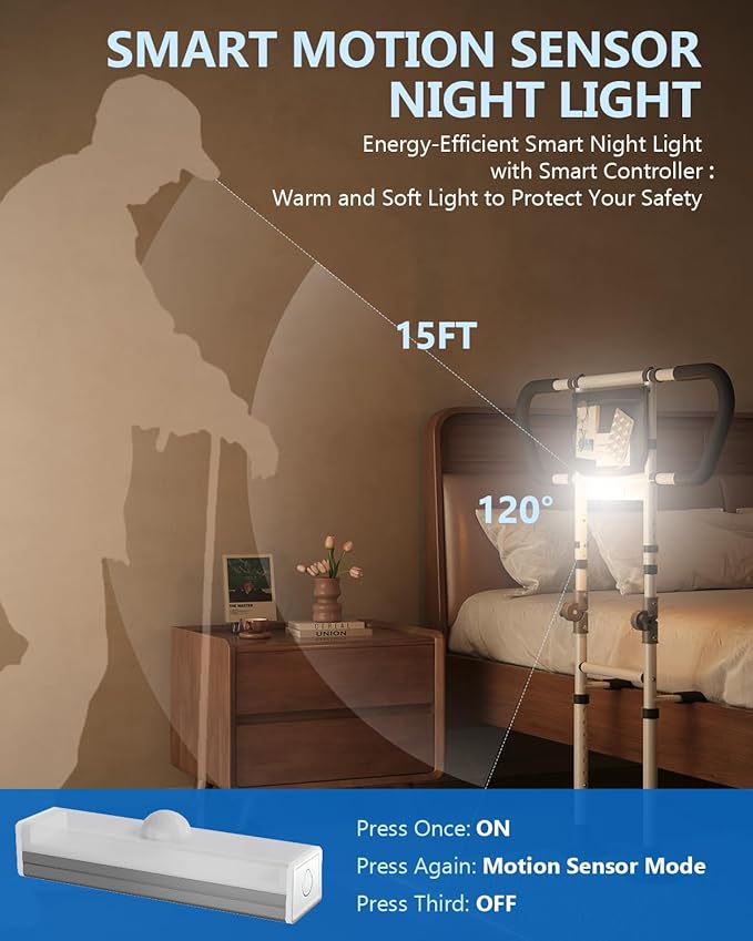 Bed Rails for Elderly Adults Seniors Adjustable Height Safety Rail with 400 Lbs Capacity, Non-Slip Handle & Smart Night Light, Fall Prevention Grab Bar for King Queen Full Twin Beds White