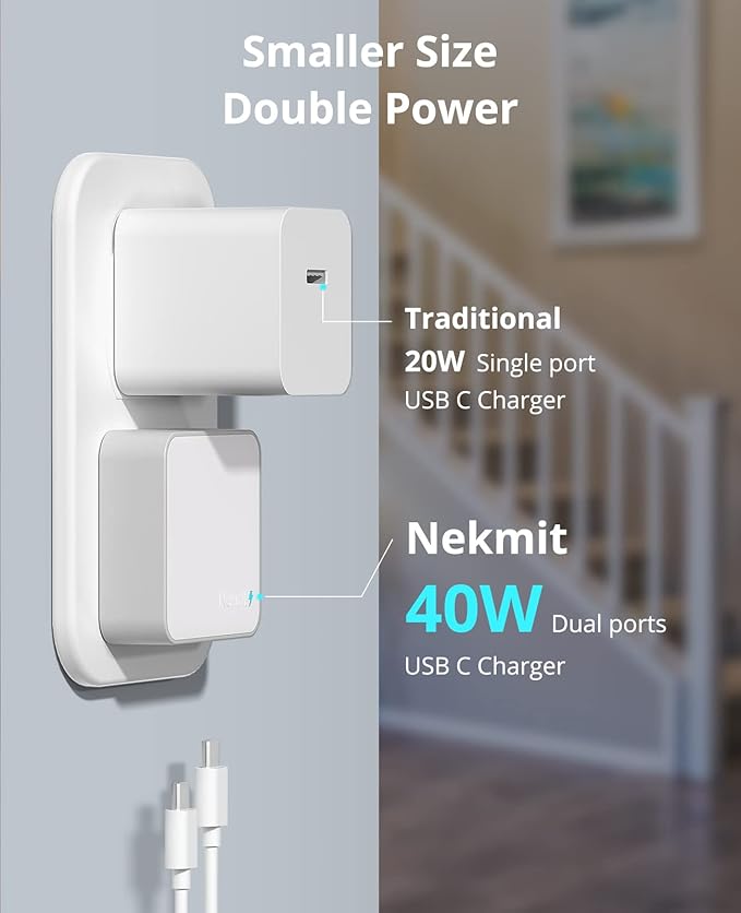 Nekmit Dual Port USB C Wall Charger, 40W PD Fast Charging USB C Wall Plug Adapter, Flat Thin Slim Charger Block for iPhone 14/14 Pro/14 Pro Max, Galaxy, MacBook Air, iPad, AirPods and More
