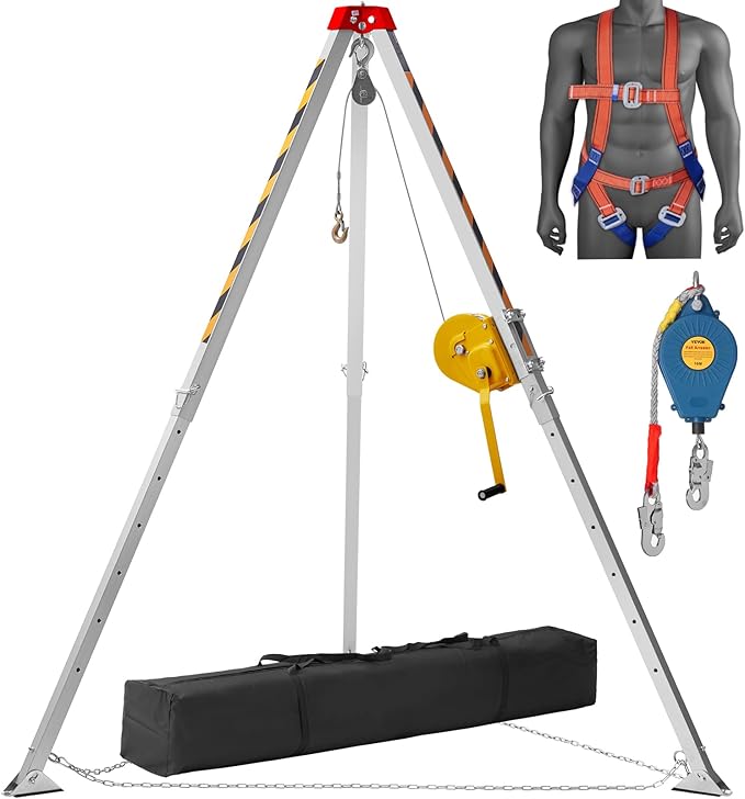 VEVOR Confined Space Tripod Kit, 1800 lbs Winch, Confined Space Tripod 7' Legs and 98' Cable, Confined Space Rescue Tripod 32.8' Fall Protection, Harness, Storage Bag for Traditional Confined Spaces