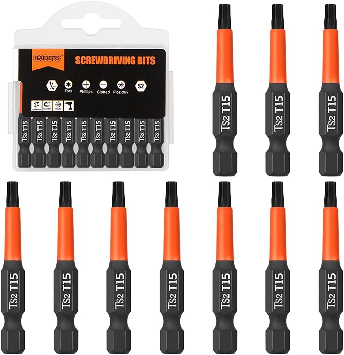 Pro T15 Screwdriver Bit Set - Torx Screwdriver 10 Pieces, 50mm Length, 1/4" Hex Shank Bit Assortment, with Storage Box