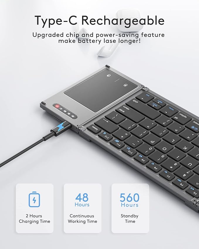 Samsers Foldable Bluetooth Keyboard with Touchpad, Full-Size Wireless Folding Holder, Rechargeable Portable Travel for iOS Android Windows Mac OS, Support 3 Devices (BT5.1 x 3)