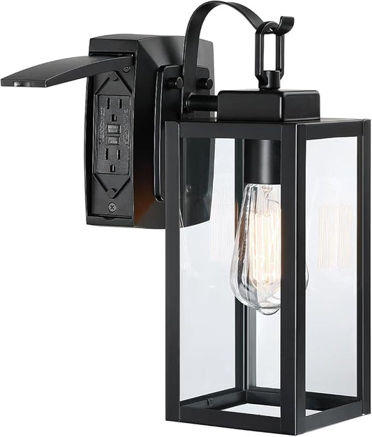 Pia Ricco Outdoor Porch Lights with GFCI Outlet, Matte Black Outside Wall Lantern with Clear Glass Shade, Waterproof Wall Mount Lighting Fixture, Exterior Sconce for House Patio Garage, ETL Listed