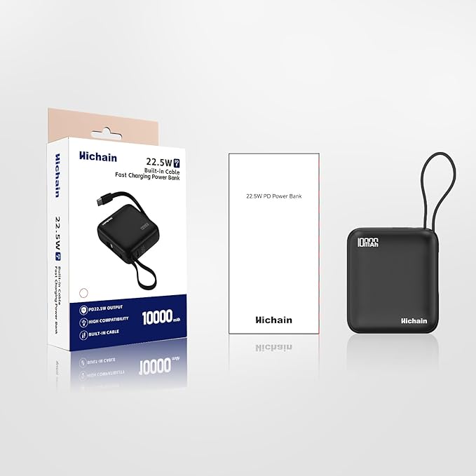 Hichain Small Portable Charger with Built in Cables LED Display, Mini Power Bank 10000mAh 22.5W USB-C Fast Charging Battery Pack, Travel Essential Power Bank for iPhone, iPad, Samsung, Android (Black)