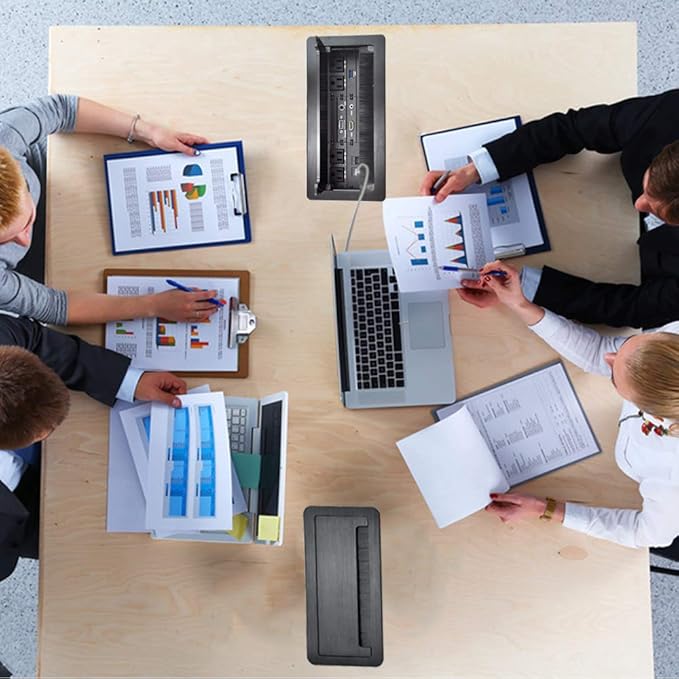 Table Power Brush Connectivity Box with 4 AC Power + 2 RJ45（CAT6） + 2 Audio 3.5mm + 1 VGA + 1 HDMI + 1 USB 3.0 (Female to Female) with 5.58ft Power Cord (Black)