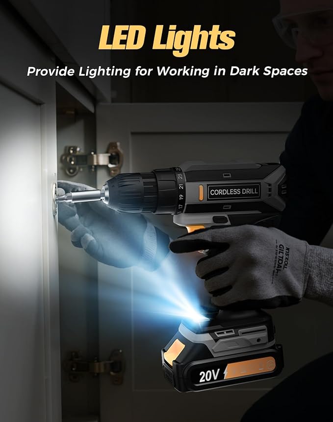 Cordless Drill, 20V MAX Power Drill Set with Dual Power Pack & Charger, 3/8 Inch Keyless Chuck, Variable Speed, 25+1 Position and 56PCS Bits/Screws, Power Tools for Home Projects