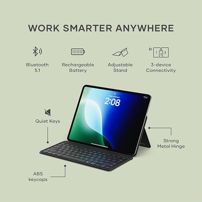 Satechi OntheGo Bluetooth Keyboard with Adjustable Stand, Connect up 3 Devices, USB C Rechargeable Battery, Compact and Portable Keyboard for iPad, Tablet – Black