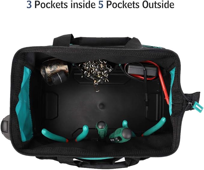 Prowin 14-inch Tool Bag, Multi-pocket Tool Organizer with Plastic Waterproof Bottom, Wide Mouth Tool Tote Bag with Inside Pockets for Construction, Carpentry, Gardening, Electrician, DIY