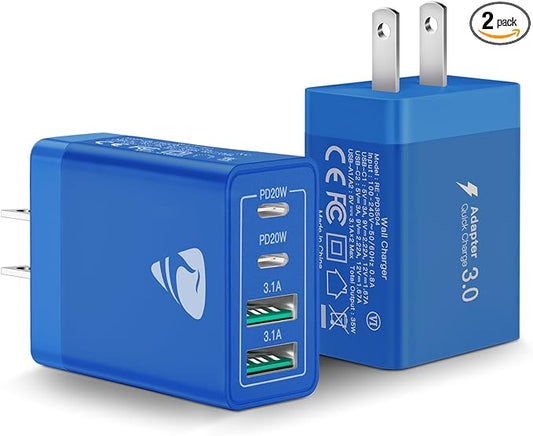 [2-Pack] USB C Wall Charger, 40W Fast USB C Charger Block, 4-Port PD + QC Wall Plug Multiport Type C Charging Block for iPhone 16 15 14 13 12 11 Pro Max XR XS 8 7, Tablets, Cellphones Cube