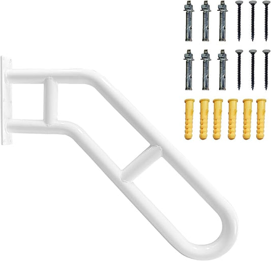 Wall Mounted Railings with White Matte Finish for 1-3 Steps,Stair Railing Safety Grab Bar with 2 Anti-Skid Crossbar for Garage, Porch, Garden, Yard (White Bent 1 Pack)