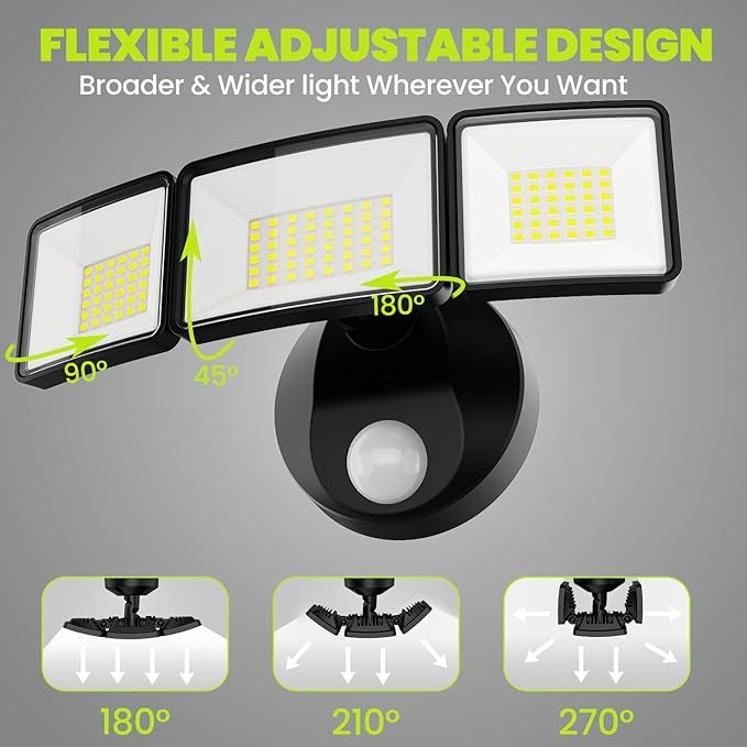 7500LM LED Security Light Motion Sensor Outdoor Lights, Adjustable 3 Head LED Flood Lights Outdoor, IP66 Waterproof, 38W Motion Detected Lights for Outside, House, Garage, Yard
