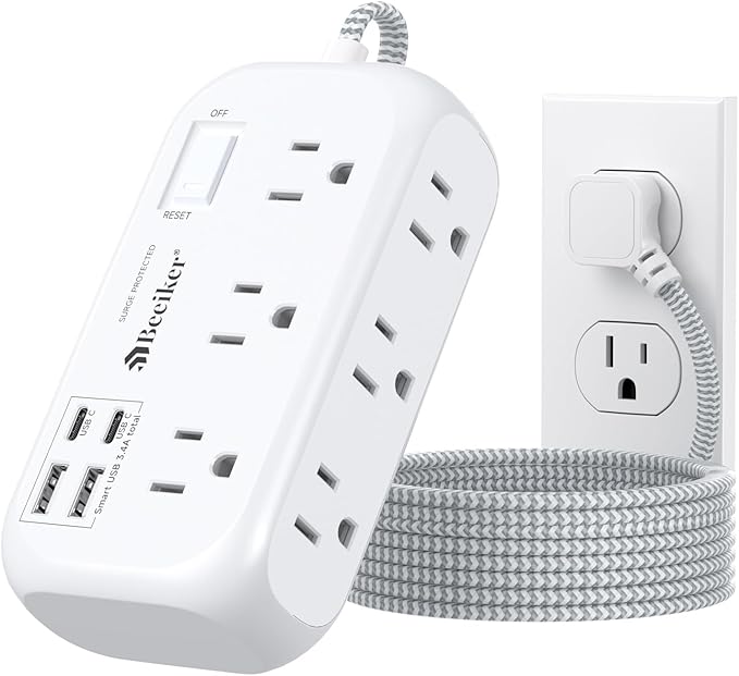 4 USB(2 USB C) Surge Protector Power Strip with Switch- 6 Ft Flat Braided Extension Cord with 6 Widely Outlets, Flat Plug Wall Mount Desk USB Charging Station for Home Office Dorm Room Travel 1625W