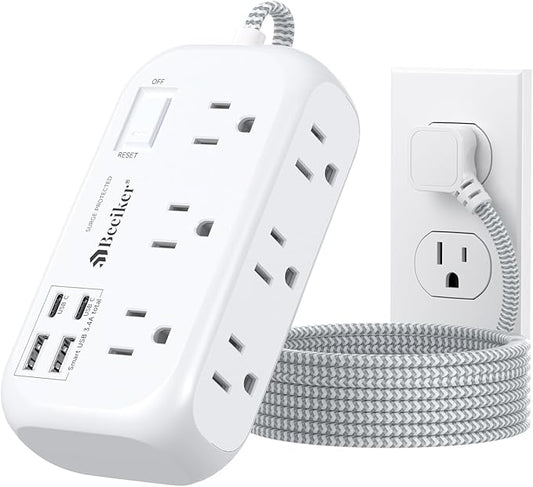 4 USB(2 USB C) Surge Protector Power Strip with Switch- 6 Ft Flat Braided Extension Cord with 6 Widely Outlets, Flat Plug Wall Mount Desk USB Charging Station for Home Office Dorm Room Travel 1625W