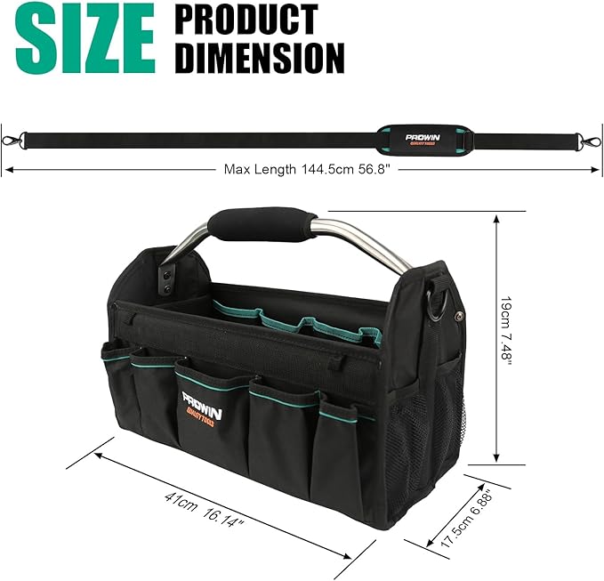 Prowin 16" Multi-pocket Tool Organizer with Plastic Waterproof Bottom, Heavy-duty Collapsible Tote Wide Mouth Tool Tote Bag 600 Denier Roomy Pro Sized Tote Black