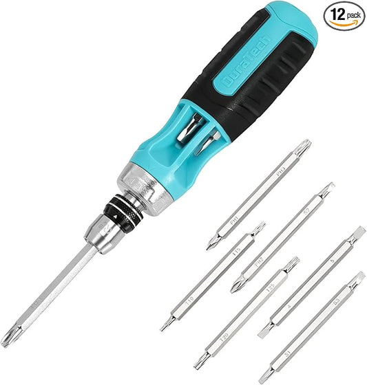 DURATECH Ratcheting Screwdriver, 12-in-1 Multi-bit Screw Drivers, Premium S2 Steel, Innovated Bits Quick-Load Mechanism, with Phillips, Slotted, Torx, Square Bits Stored in Handle