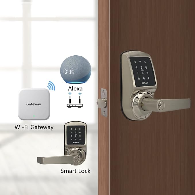 Smart Door Lock, Keyless Entry Door Lock, SCYAN X2 Handle Lock with Touchscreen Keypad Access, Auto Locking, for Home, Airbnb Rental House, Satin Nickel