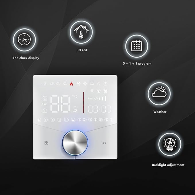 Central AC Thermostat Smart Energy Saving Control LED Panel Touch Key Thin Wall Mount Cool Lighting Effect WiFi Air Conditioner Thermostat for Home (White)