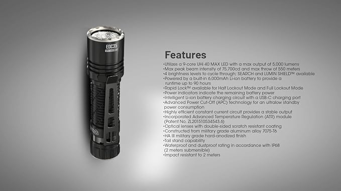 Nitecore EDC35 5000 Lumen LED USB-C Rechargeable Flood/spot Beam Tactical Flashlight, Battery, Paracord Lanyard with EdisonBright Accessory case