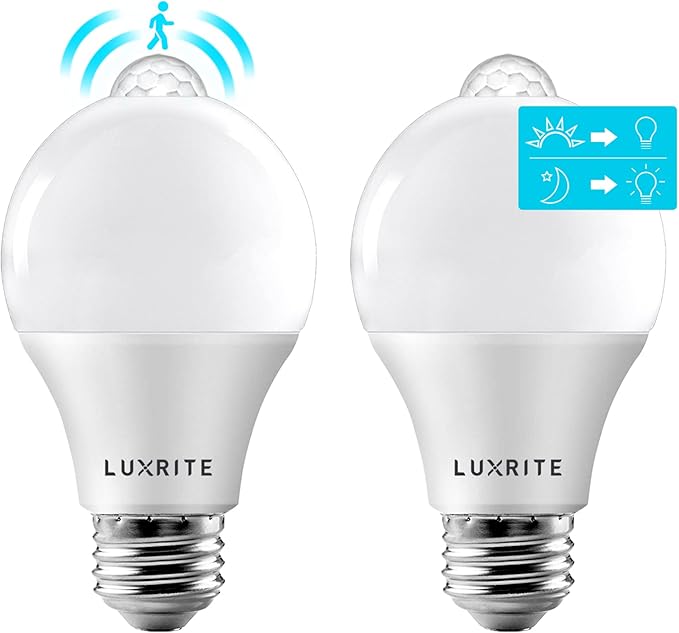 LUXRITE A19 LED Motion Sensor Light Bulbs, 60W Equivalent, Motion Activated Dusk to Dawn Sensor, 3000K Soft White, 800 Lumens, Security Light Bulb, Indoor/Outdoor, UL Listed, E26 Base (2 Pack)