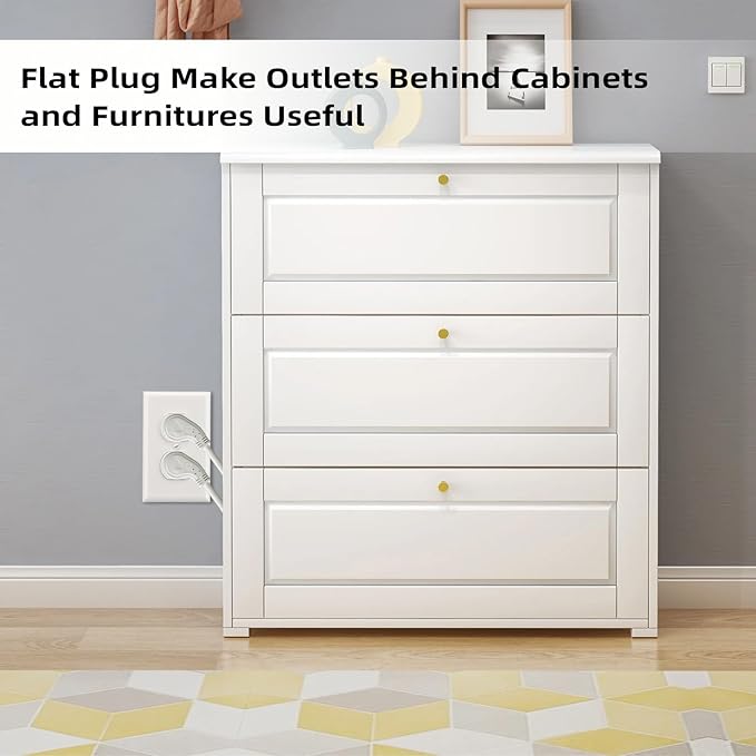 EP 3 Pack 1 Ft Flat Plug Extension Cord, 16 AWG 3 Prong Grounded White Low Profile Extension Cable for Indoor