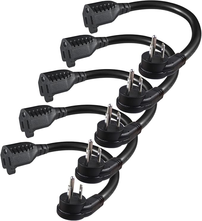 [5 Pack] Flat Plug Short Power Extension Cord - 6inch Black Low Profile Flat Head 3 Prong Grounded Indoor Extension Cord,16AWG 13amp Household Appliance Electrical Extension Cord with Flat Wall Plug