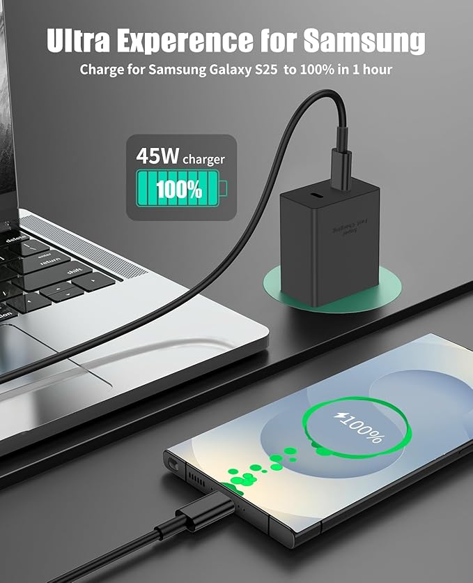 2Port 45W Super Fast Charger Type C for Samsung S25 Ultra/S24, PD3.0 USB C Android Phone Charger Fast Charging Block with 6FT/10FT Type C Cord for Samsung Galaxy S25+ Plus/S24+/S23/S22 Ultra/iPhone 16