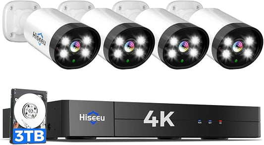 Hiseeu 4K Wired Security Camera System Outdoor with Audio,Smart Dual Light,AI Human/Vehicle Detection,3TB HDD,4K Surveillance DVR Kit 8CH,4X8MP Home CCTV Cameras,Smart Playback,100ft Night Vision
