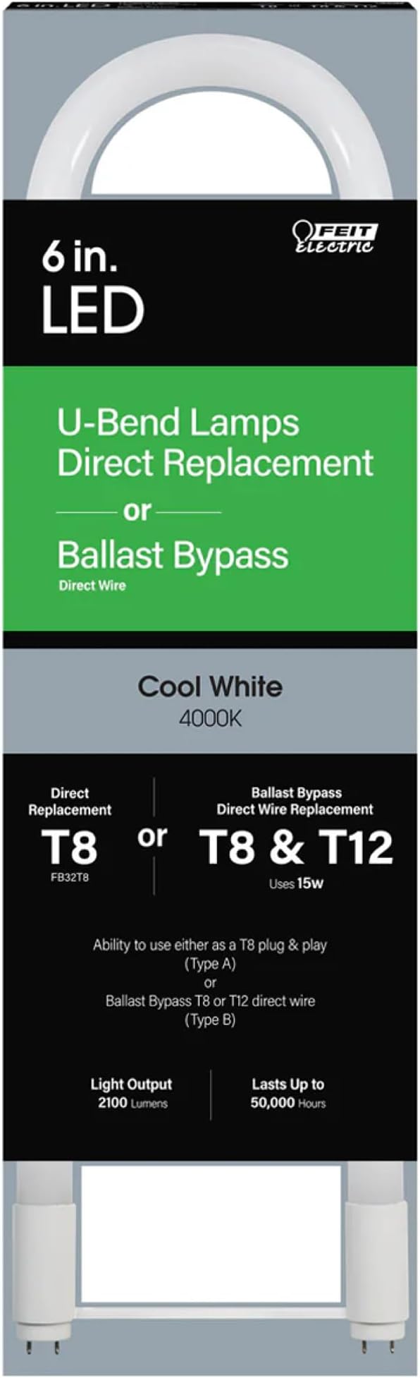 Feit Electric LED 15W T8/T12 U-Bend Direct Replacement or Ballast Bypass Linear LED Light Bulb, 4000K Cool White, 4-Pack