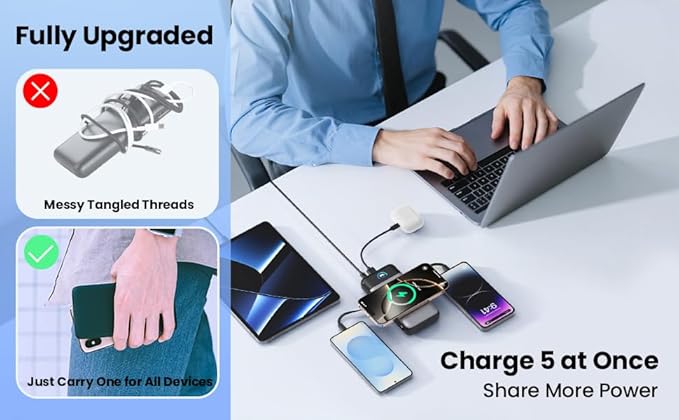 Wireless Portable Charger 40800mAh with Built-in Cables, 15W Wireless Charging USB C Power Bank, 25W PD QC 4.0 5 Outputs TFT LCD Display Battery Pack for iPhone 16/15/14/13/12, Samsung, Android etc