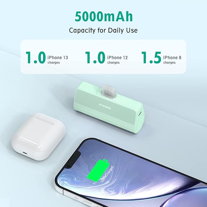 KKD Portable Charger for iPhone, Built-in MFi Certified Plug, 5000mAh Small Portable Phone Charger Power Bank for iPhone 14/13/12/11/XR/X/SE/8/7/6/6s/Pro Max/Plus,AirPods,iPad,Green