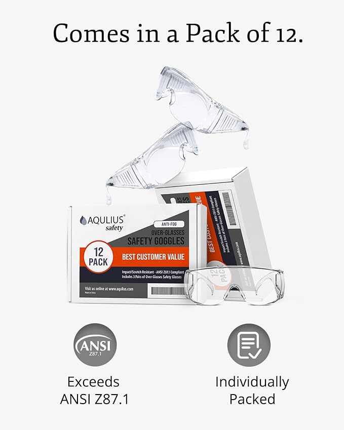 Aqulius Over Glasses Safety Glasses & Safety Goggles - 12-Pack, Clear Polycarbonate - Anti-Fog & Scratch-Resistant Bulk Eye Protection for Sanding & Shooting - ANSI Z87+ Rated Side Shields