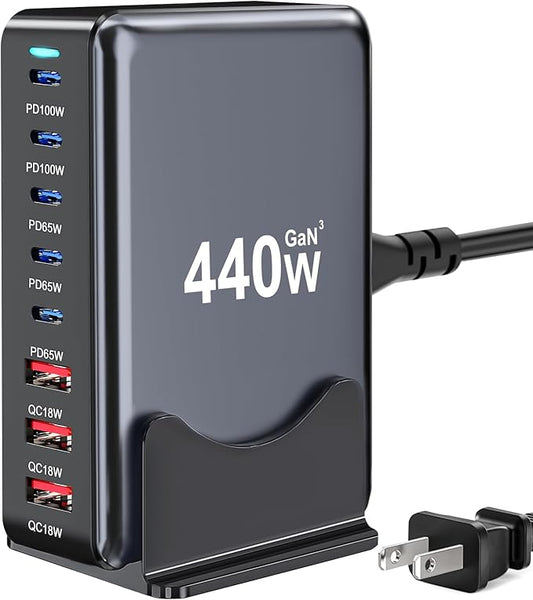 440W USB C Charger Block, 8-Port Fast USB Charging Station Dual PD 100W GaN Ⅲ Pro Charging Station For Multiple Devices, Laptop Charger Adapter Compatible with MacBook, DELL, iPad, iPhone, Samsung etc