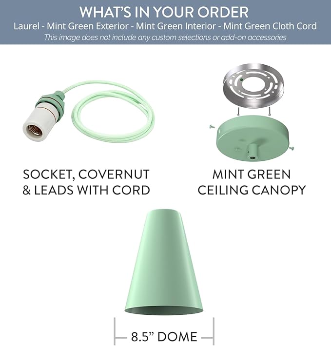 Steel Lighting Co. Laurel Pendant Light | Ceiling Mounted | 8.5 inch Cone Shade | Modern Contemporary Farmhouse Style Made in America | Mint Green Cloth Cord | Mint Green Exterior/Interior