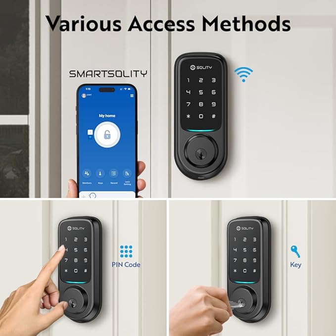 Solity No-Hub Smart Digital Door Lock, Designed in Korea, Keyless Entry, Wi-Fi, Remote Control, Touchscreen Keypad, Auto Lock, IP54 Waterproof, Matt Black GT10K