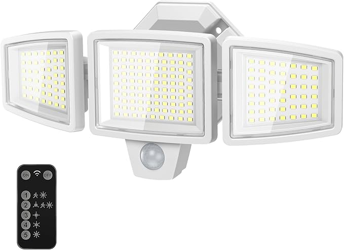 65W LED Flood Light Outdoor, 6500LM, Waterproof, 6500K Motion Sensor Flood Lights Outdoor with Adjustable 3 Head Detected Floodlight for Outside Entryway Garage, Yard, Porch, White
