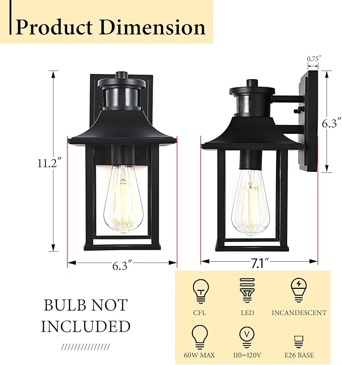 Porch Lights with Motion Sensor - Dusk to Dawn Outdoor Wall Lights, Exterior Motion Lights for House, Patio - 2Pack