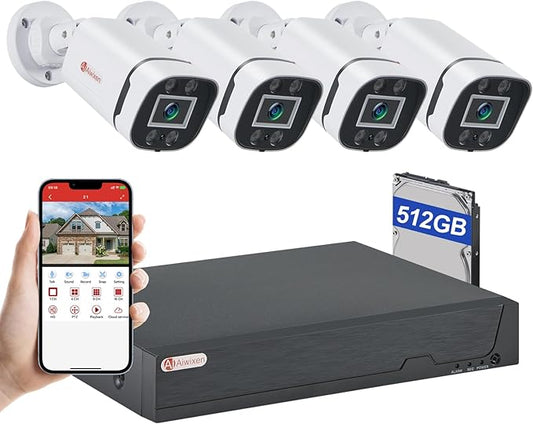 8CH H.265+ 3K Lite Wired CCTV Security Camera System with Human Vehicle Detection, 4X IP68 5MP Surveillance Camera for Indoor Outdoor, 512GB Hard Drive for 24-7 Recording, Remote Access