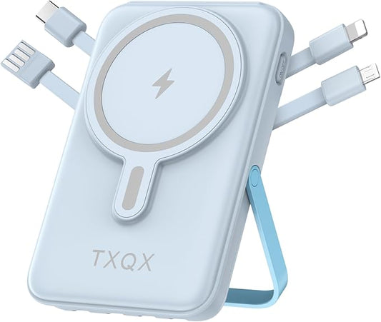 Wireless Portable Charger 10000mAh,Magnetic Power Bank with Built-in Cables LED Display,22.5W PD Fast Charging for Magsafe Battery Pack Compatible with iPhone16/15/14/13/12/Pro/Pro Max(Blue)