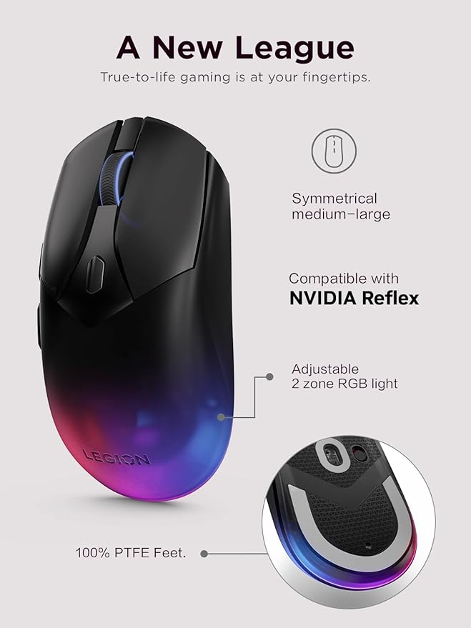 Lenovo Legion M410 Wireless RGB Gaming Mouse – 6 Button Palm Grip Mouse with 16,000 DPI, 53 Hour Rechargeable Battery, 2-Zone RGB Lighting, NVIDIA Reflex Compatible
