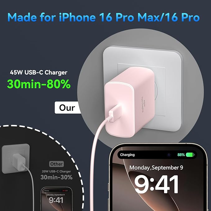 Phone 16 Pro Max Charger Fast Charging, 45W Super Fast USB C Charger Block with 10FT Long Charging Cord Cable for 16 Pro Max/16/16 Plus,15 Pro Max/15 Pro/15,Android Phone-Pink