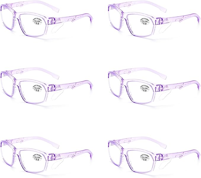 ProtectX Stylish Anti-Fog & Scratch-Resistant Safety Glasses With Readers, UV Protection Goggles, Anti-Impact Lightweight Glasses for Men＆Women Lilac Reading 2.0-6 Pack