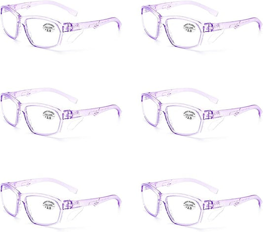 ProtectX Stylish Anti-Fog & Scratch-Resistant Safety Glasses With Readers, UV Protection Goggles, Anti-Impact Lightweight Glasses for Men＆Women Lilac Reading 2.0-6 Pack
