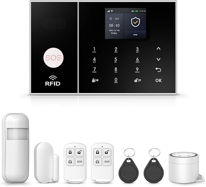 WiFi Alarm System for Home Security with Door/Window and Motion Sensors,Alarm Siren,Remote,Touch Screen,Tuya App Instant Alert Push,8 Pieces Kit for Villa,Apartment,No Subscription Fee