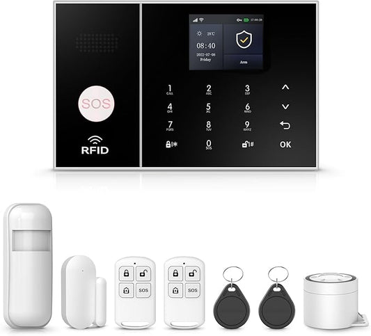 WiFi Alarm System for Home Security with Door/Window and Motion Sensors,Alarm Siren,Remote,Touch Screen,Tuya App Instant Alert Push,8 Pieces Kit for Villa,Apartment,No Subscription Fee