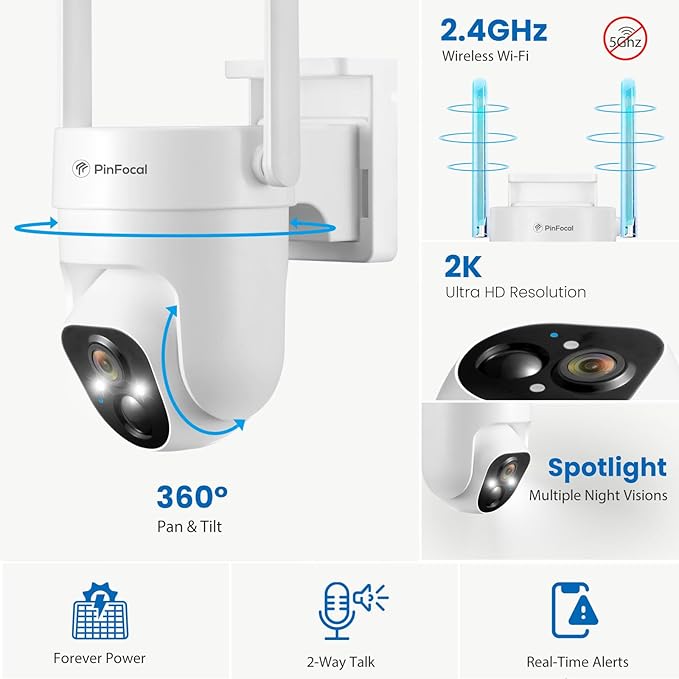 2K Solar Security Camera Wireless Outdoor, 360° View Pan/Tilt Battery Camera for Home Security, Color Night Vision, Spotlight, 2-Way Audio, PIR Motion Sensor, 2.4GHz WiFi Only, Weatherproof