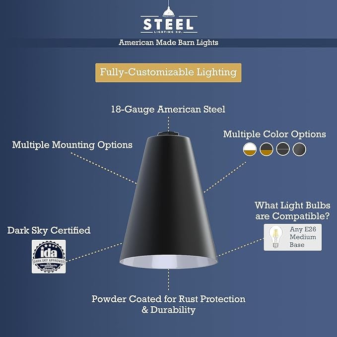 Steel Lighting Co. Laurel Pendant Light | Ceiling Mounted | 8.5 inch Cone Shade | Modern Contemporary Farmhouse Style Made in America | White Cord | Matte Black Exterior/Brass Interior