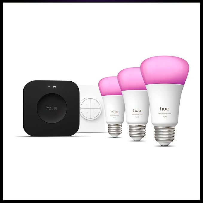 Philips Hue Starter Kit: Bridge Pro + 3 A19 E26 Smart Bulbs + Tap Dial Switch, White and Color Ambiance, Smart Light Hub, Works with Voice