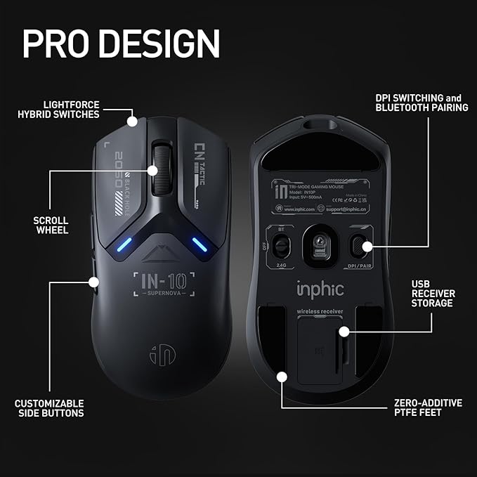 INPHIC IN10P Superlight Wireless Gaming Mouse, 60g, 8K Polling Rate, 26,000 DPI, Tri-Mode, PAW3395 Sensor, Fully Programmable