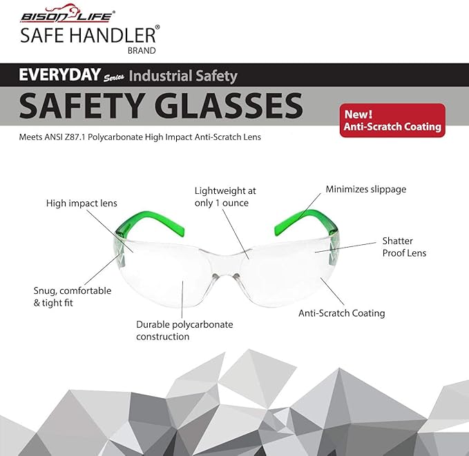BISON LIFE Protective Safety Glasses, Clear Polycarbonate Impact and Ballistic Resistant Lens - Green Temple (Case of 12 Boxes, 144 Pairs Total)