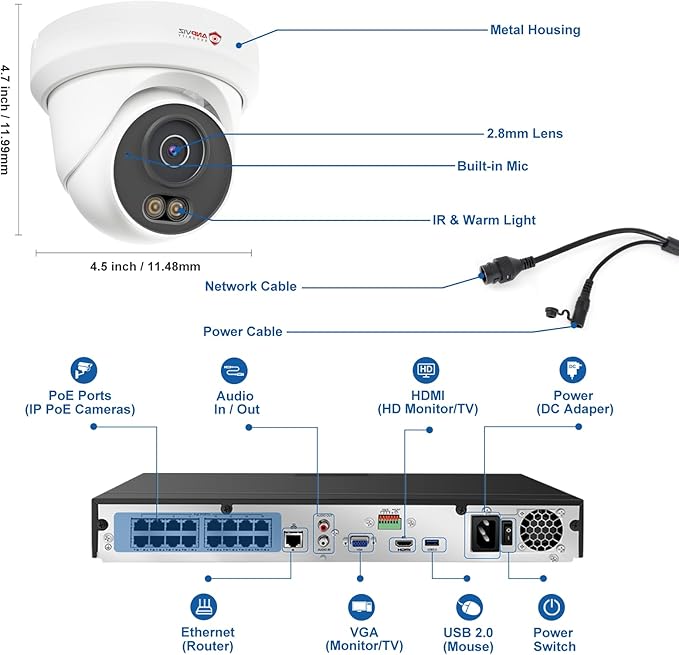 Anpviz 16 Channel NVR PoE Security Camera System with Human Vehicle Detection, 8PCS 6MP Wired IP Turret Cameras Outdoor, Smart Color Night Vision, Built in Mic, 12MP PoE NVR with 4TB HDD, NDAA